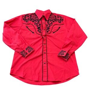 The American West Mens Large Red Black Embroidered Western Button Down Shirt